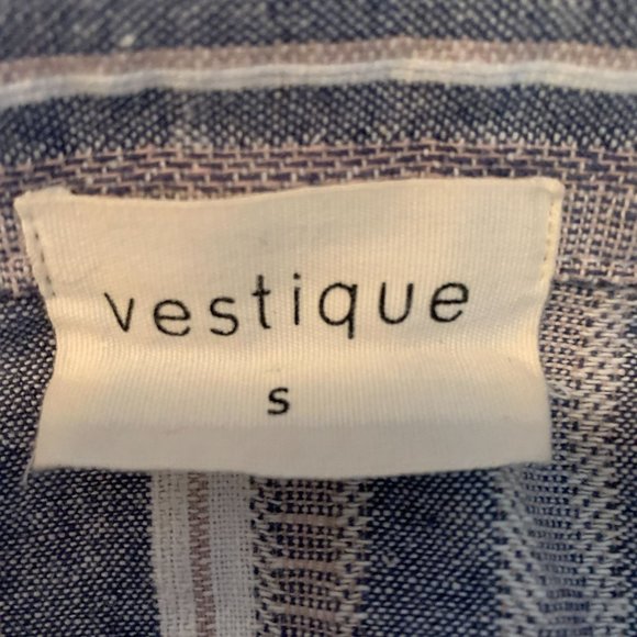 Vestique Small Blue Striped Linen Top Off Shoulder Nautical Beach - Picture 4 of 6